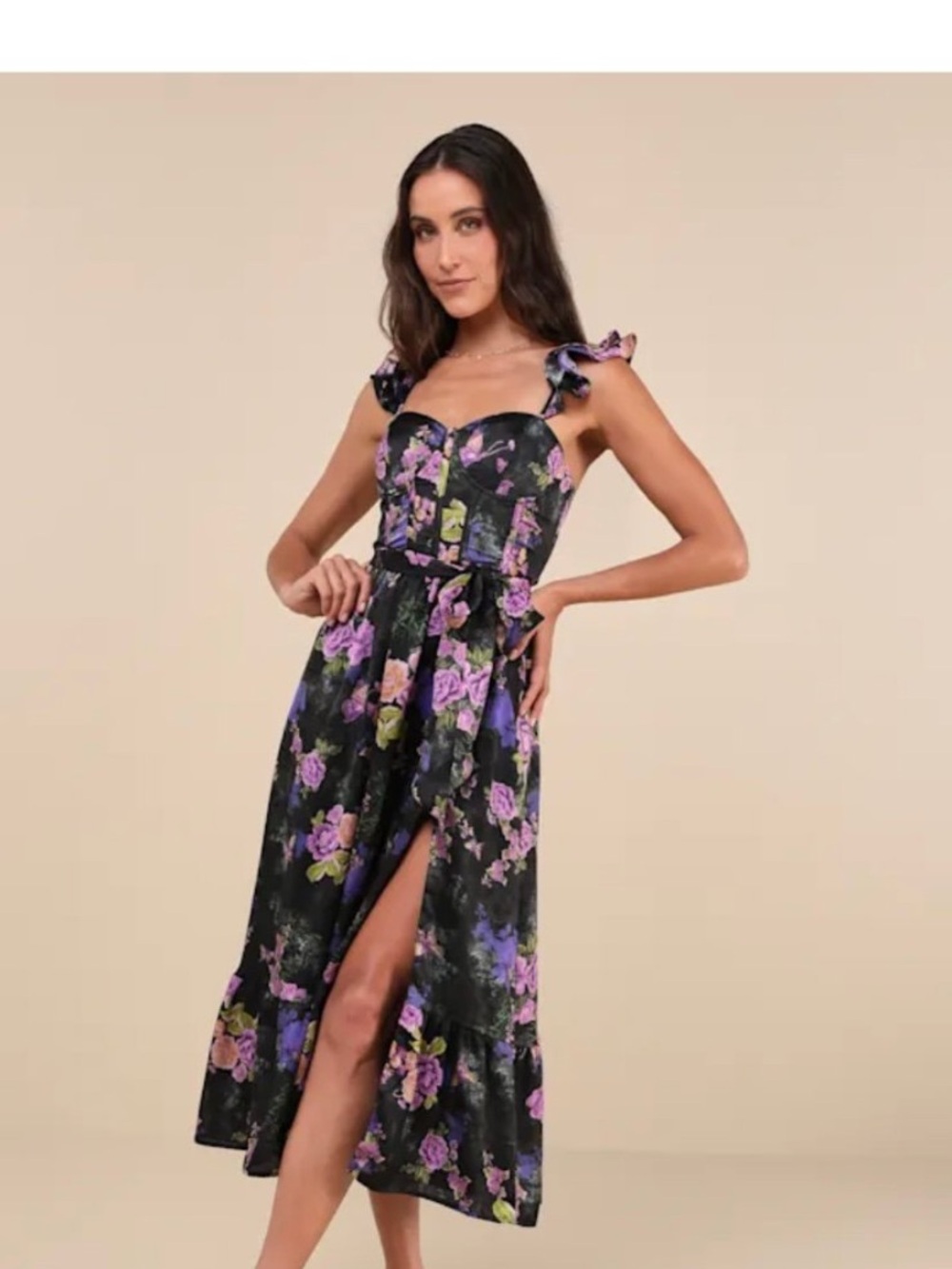 Lulus xl Floral Ruffle-Strap Midi Dress in Black and Purple new with tags